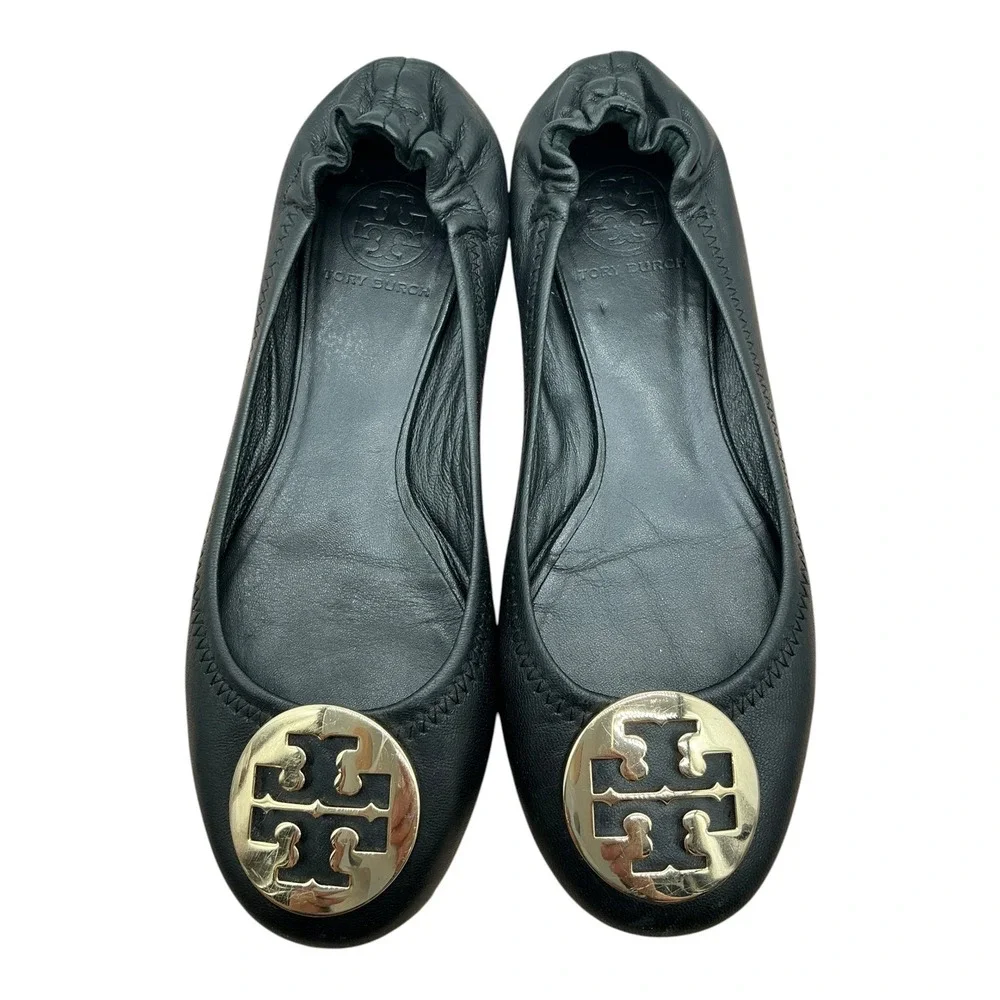 Tory Burch Minnie Travel Ballet Flats Black Leather‎ Gold Logo Medallion Size 7M
